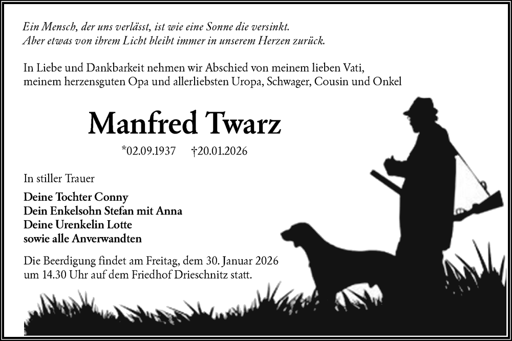  Traueranzeige für Manfred Twarz vom 24.01.2026 aus Lausitzer Rundschau