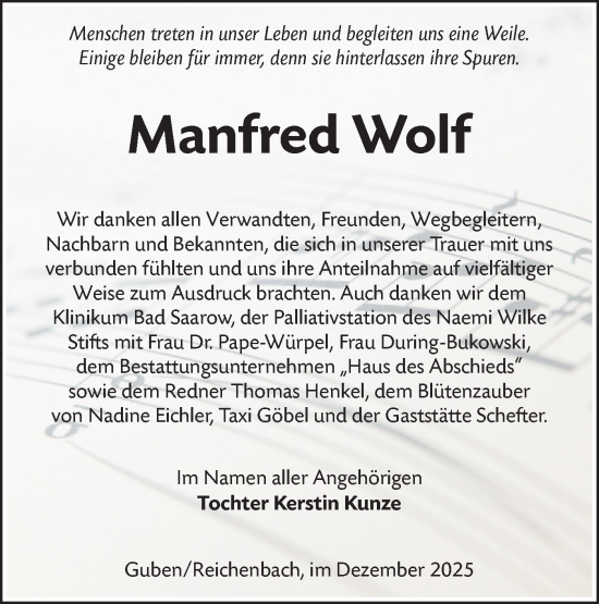 Traueranzeige von Manfred Wolf von Lausitzer Rundschau