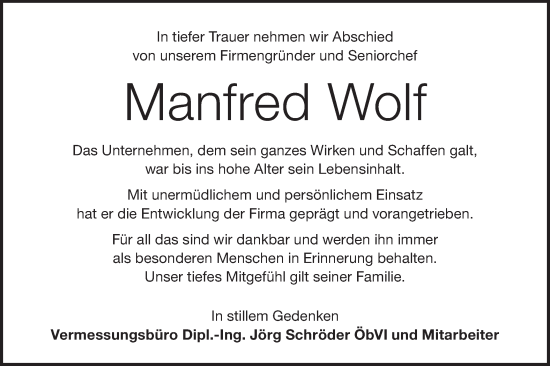 Traueranzeige von Manfred Wolf von Lausitzer Rundschau