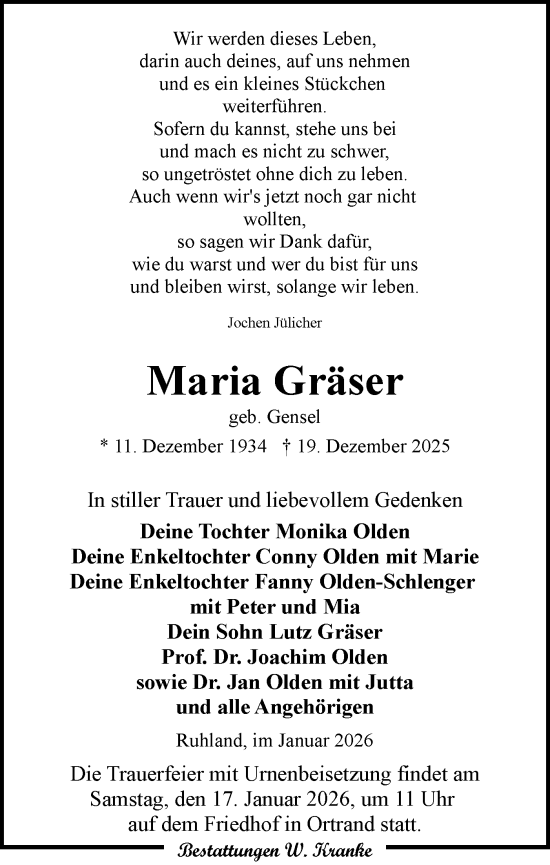 Traueranzeige von Maria Gräser von Lausitzer Rundschau