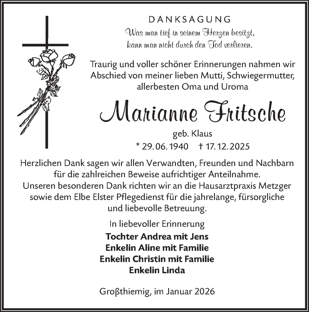  Traueranzeige für Marianne Fritsche vom 31.01.2026 aus Lausitzer Rundschau