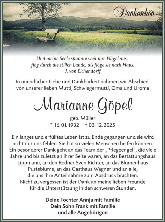 Traueranzeige von Marianne Göpel von Lausitzer Rundschau