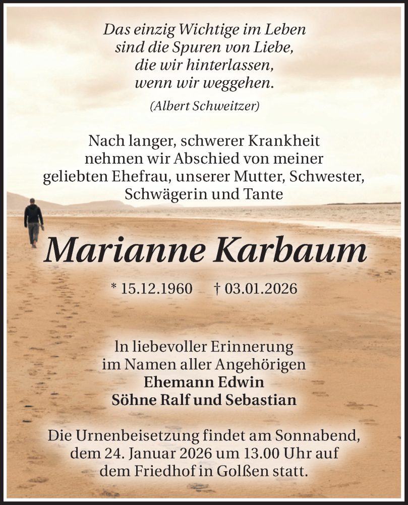  Traueranzeige für Marianne Karbaum vom 10.01.2026 aus Ausg. LR Spreewald RS