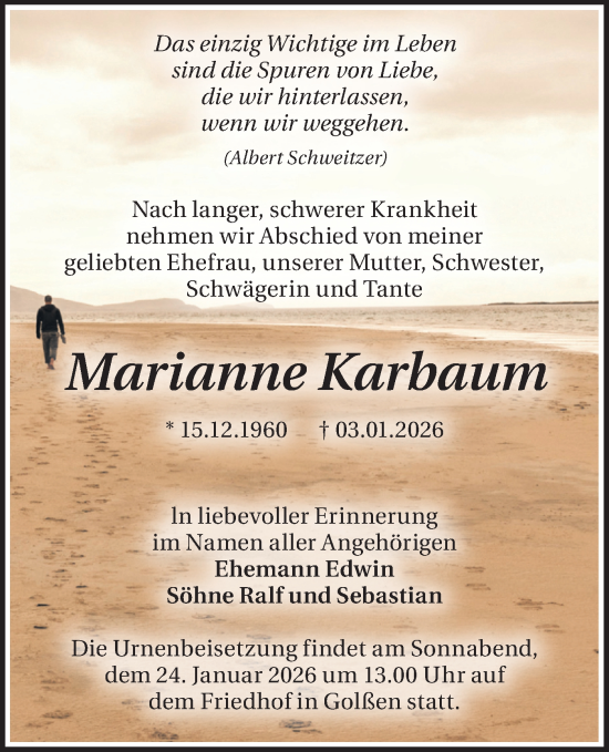 Traueranzeige von Marianne Karbaum von Ausg. LR Spreewald RS