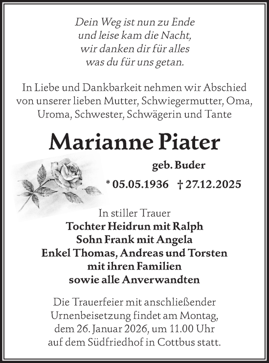 Traueranzeige von Marianne Piater von Lausitzer Rundschau