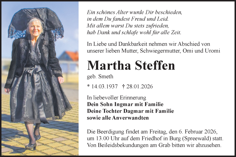  Traueranzeige für Martha Steffen vom 31.01.2026 aus Lausitzer Rundschau