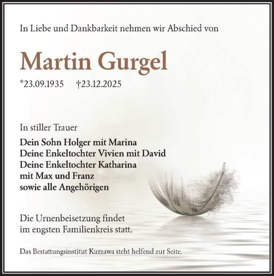 Traueranzeige von Martin Gurgel von Lausitzer Rundschau