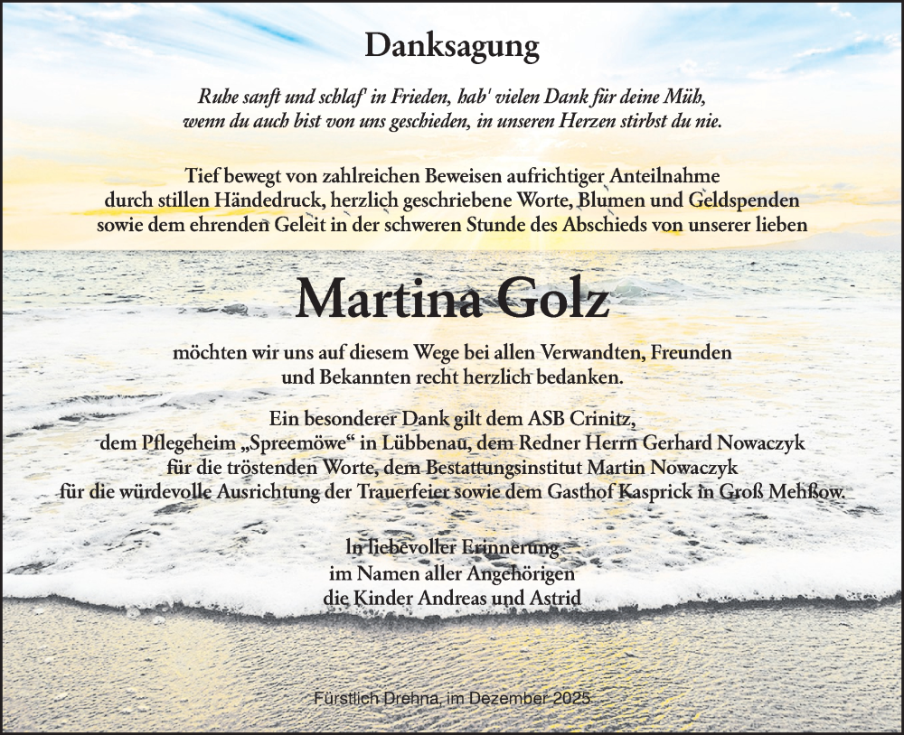 Traueranzeige für Martina Golz vom 10.01.2026 aus Ausg. LR Spreewald RS