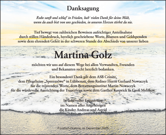 Traueranzeige von Martina Golz von Ausg. LR Spreewald RS