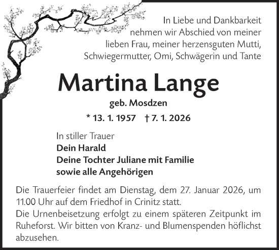 Traueranzeige von Martina Lange von Lausitzer Rundschau