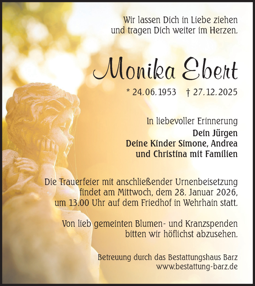  Traueranzeige für Monika Ebert vom 17.01.2026 aus Lausitzer Rundschau