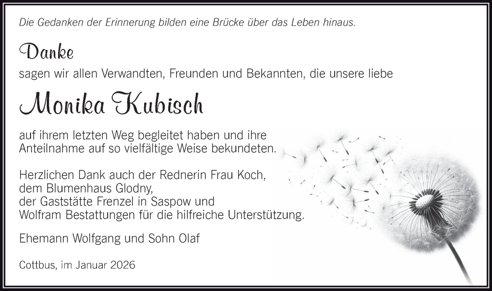  Traueranzeige für Monika Kubisch vom 31.01.2026 aus Lausitzer Rundschau