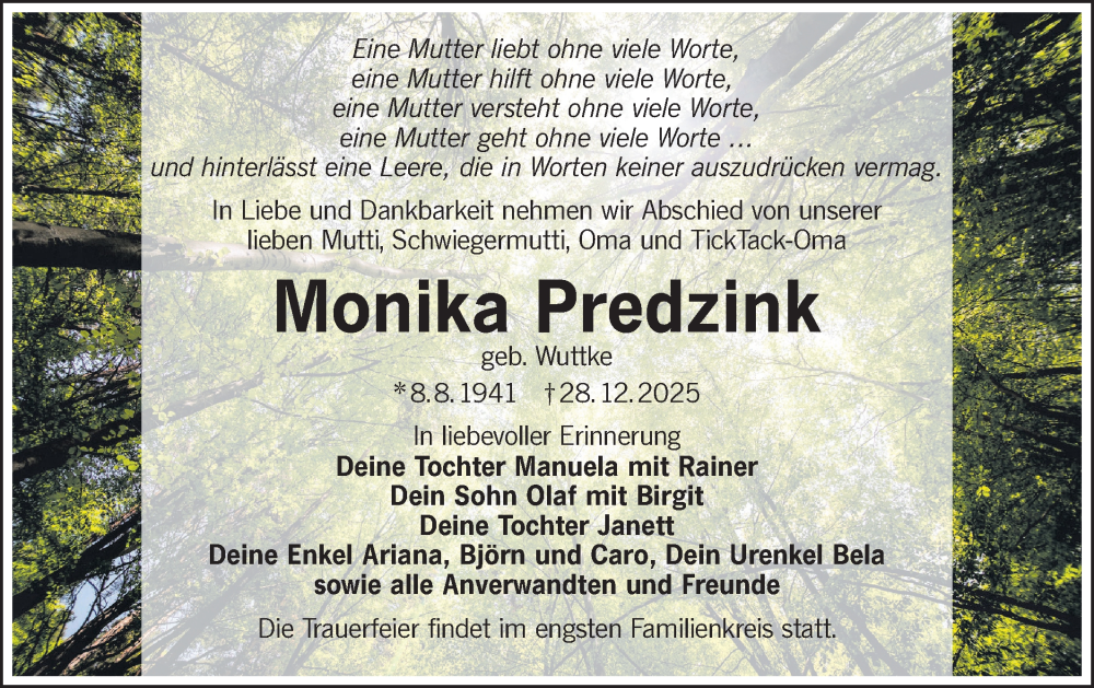 Traueranzeige für Monika Predzink vom 17.01.2026 aus Lausitzer Rundschau