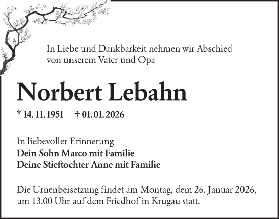 Traueranzeige von Norbert Lebahn von Ausg. LR Spreewald RS