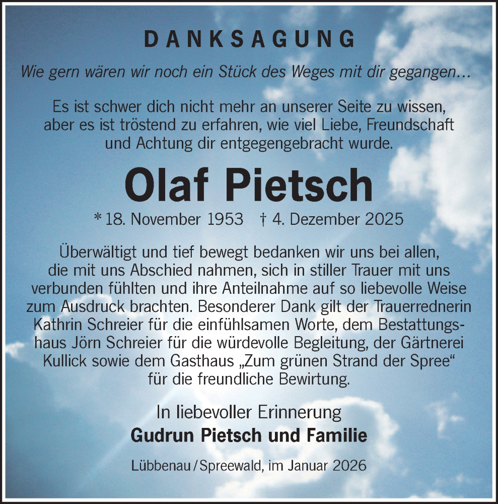  Traueranzeige für Olaf Pietsch vom 24.01.2026 aus Ausg. LR Spreewald RS