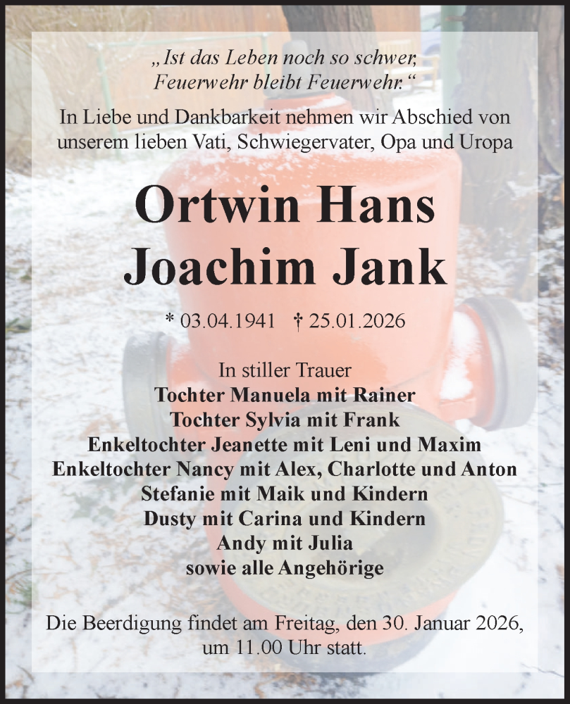  Traueranzeige für Ortwin Hans Joachim Jank vom 28.01.2026 aus Lausitzer Rundschau