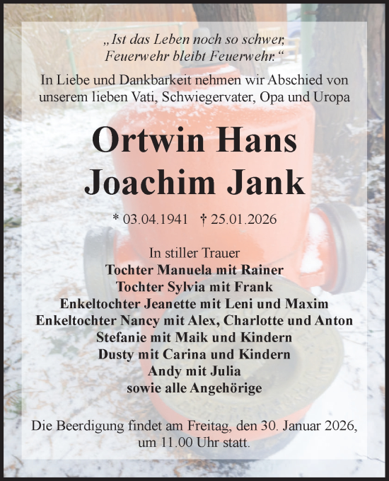 Traueranzeige von Ortwin Hans Joachim Jank von Lausitzer Rundschau