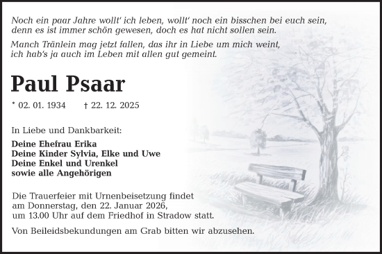 Traueranzeige von Paul Psaar von Ausg. LR Spreewald RS