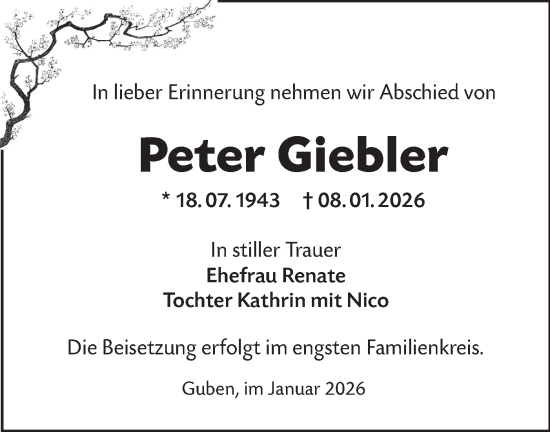Traueranzeige von Peter Giebler von Lausitzer Rundschau