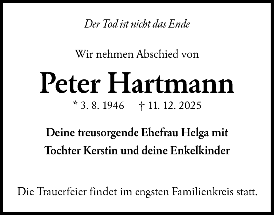 Traueranzeige von Peter Hartmann von Lausitzer Rundschau