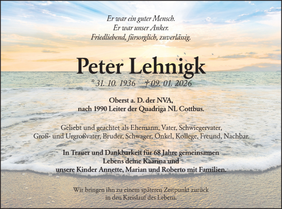 Traueranzeige von Peter Lehnigk von Lausitzer Rundschau