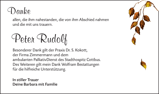 Traueranzeige von Peter Rudolf von Lausitzer Rundschau