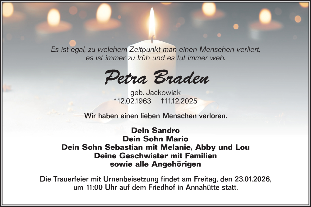  Traueranzeige für Petra Braden vom 10.01.2026 aus Lausitzer Rundschau