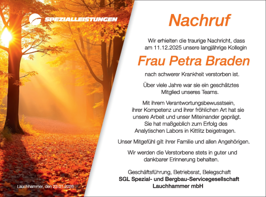 Traueranzeige von Petra Braden von Lausitzer Rundschau