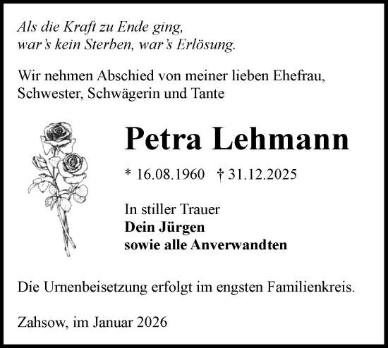 Traueranzeige von Petra Lehmann von Lausitzer Rundschau