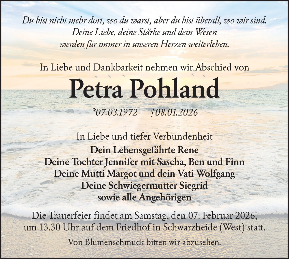  Traueranzeige für Petra Pohland vom 24.01.2026 aus Lausitzer Rundschau