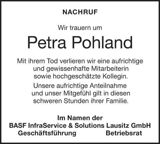 Traueranzeige von Petra Pohland von Lausitzer Rundschau