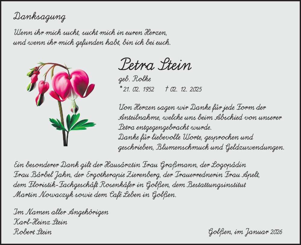  Traueranzeige für Petra Stein vom 24.01.2026 aus Ausg. LR Spreewald RS