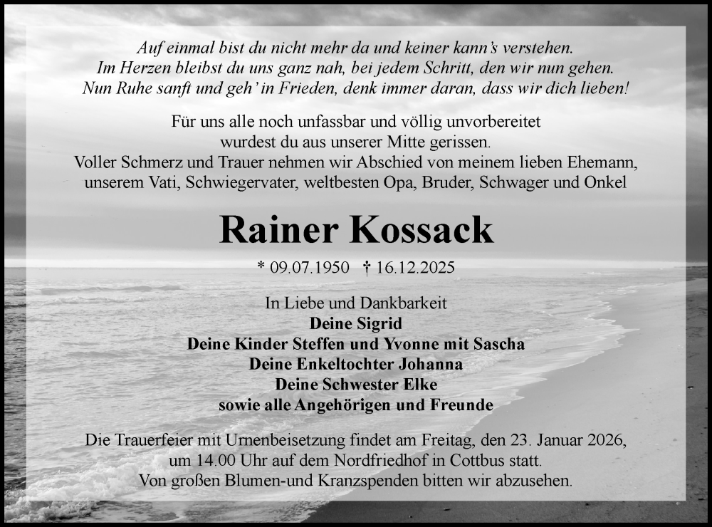  Traueranzeige für Rainer Kossack vom 03.01.2026 aus Lausitzer Rundschau