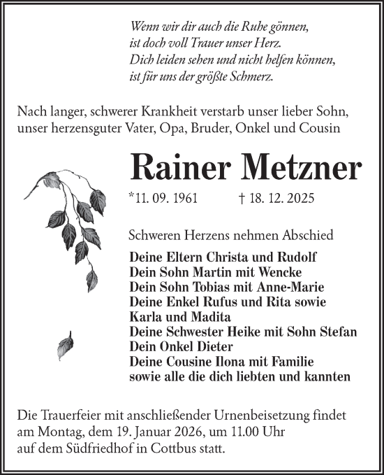 Traueranzeige von Rainer Metzner von Lausitzer Rundschau