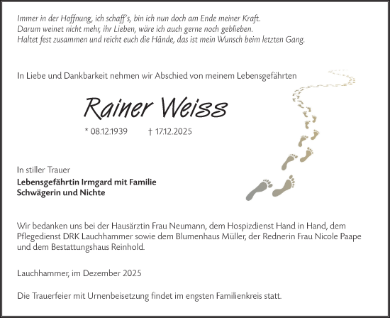 Traueranzeige von Rainer Weiss von Lausitzer Rundschau