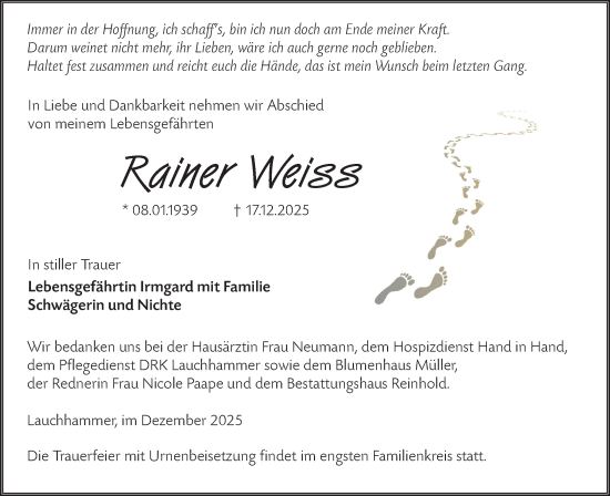 Traueranzeige von Rainer Weiss von Lausitzer Rundschau
