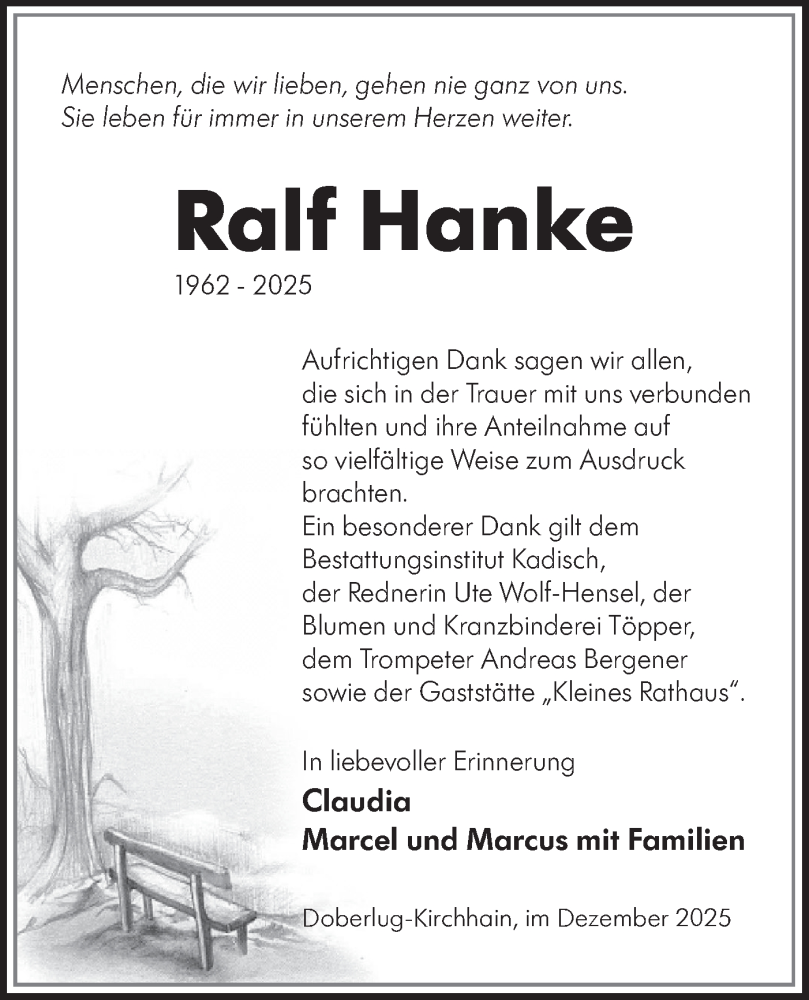  Traueranzeige für Ralf Hanke vom 10.01.2026 aus Lausitzer Rundschau