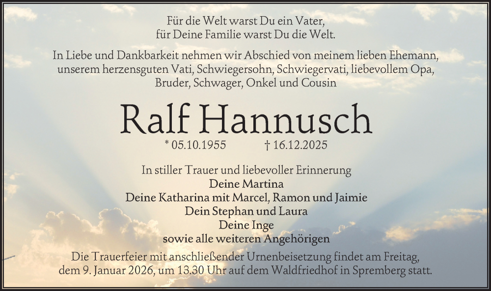  Traueranzeige für Ralf Hannusch vom 03.01.2026 aus Lausitzer Rundschau