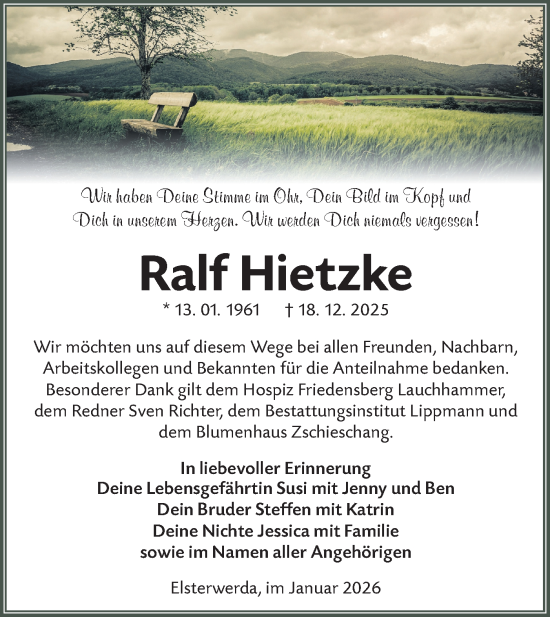 Traueranzeige von Ralf Hietzke von Lausitzer Rundschau