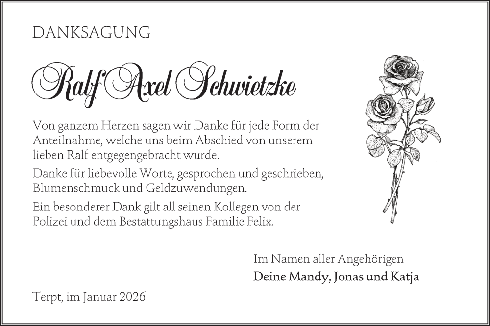  Traueranzeige für Ralf Axel Schwietzke vom 24.01.2026 aus Ausg. LR Spreewald RS
