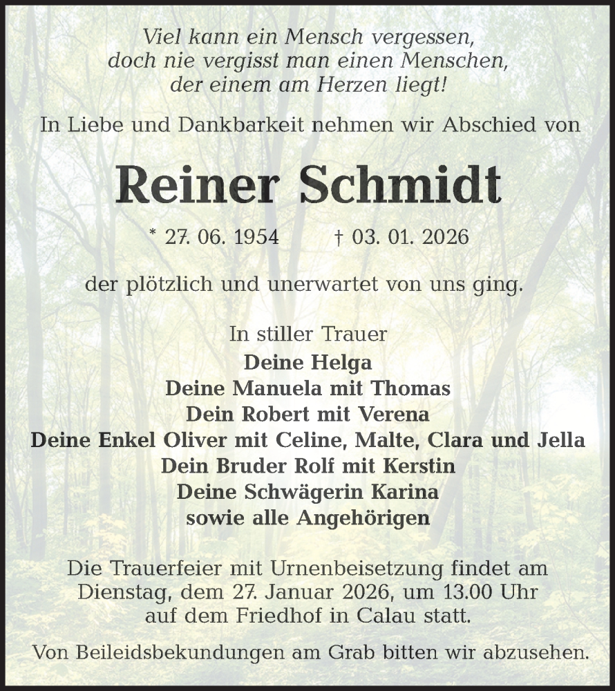  Traueranzeige für Reiner Schmidt vom 17.01.2026 aus Ausg. LR Spreewald RS