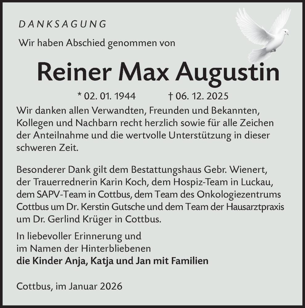  Traueranzeige für Reiner Max Augustin vom 24.01.2026 aus Ausg. LR Spreewald RS