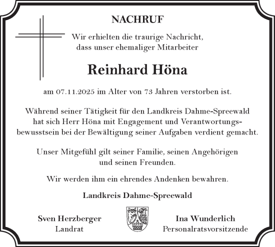 Traueranzeige von Reinhard Höna von Lausitzer Rundschau
