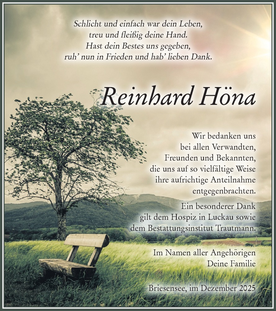  Traueranzeige für Reinhard Höna vom 10.01.2026 aus Ausg. LR Spreewald RS