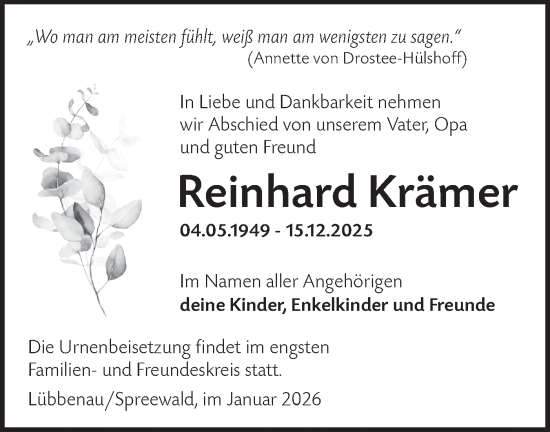 Traueranzeige von Reinhard Krämer von Ausg. LR Spreewald RS