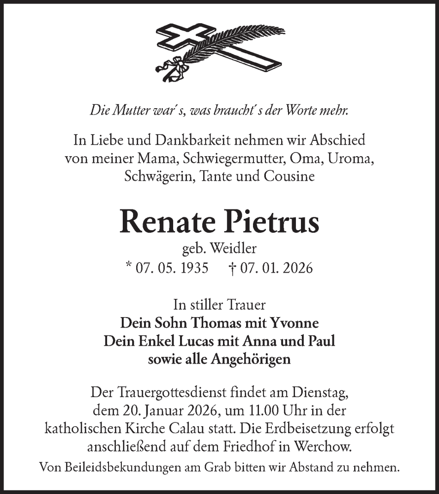  Traueranzeige für Renate Pietrus vom 17.01.2026 aus Ausg. LR Spreewald RS