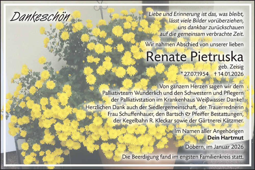  Traueranzeige für Renate Pietruska vom 24.01.2026 aus Lausitzer Rundschau