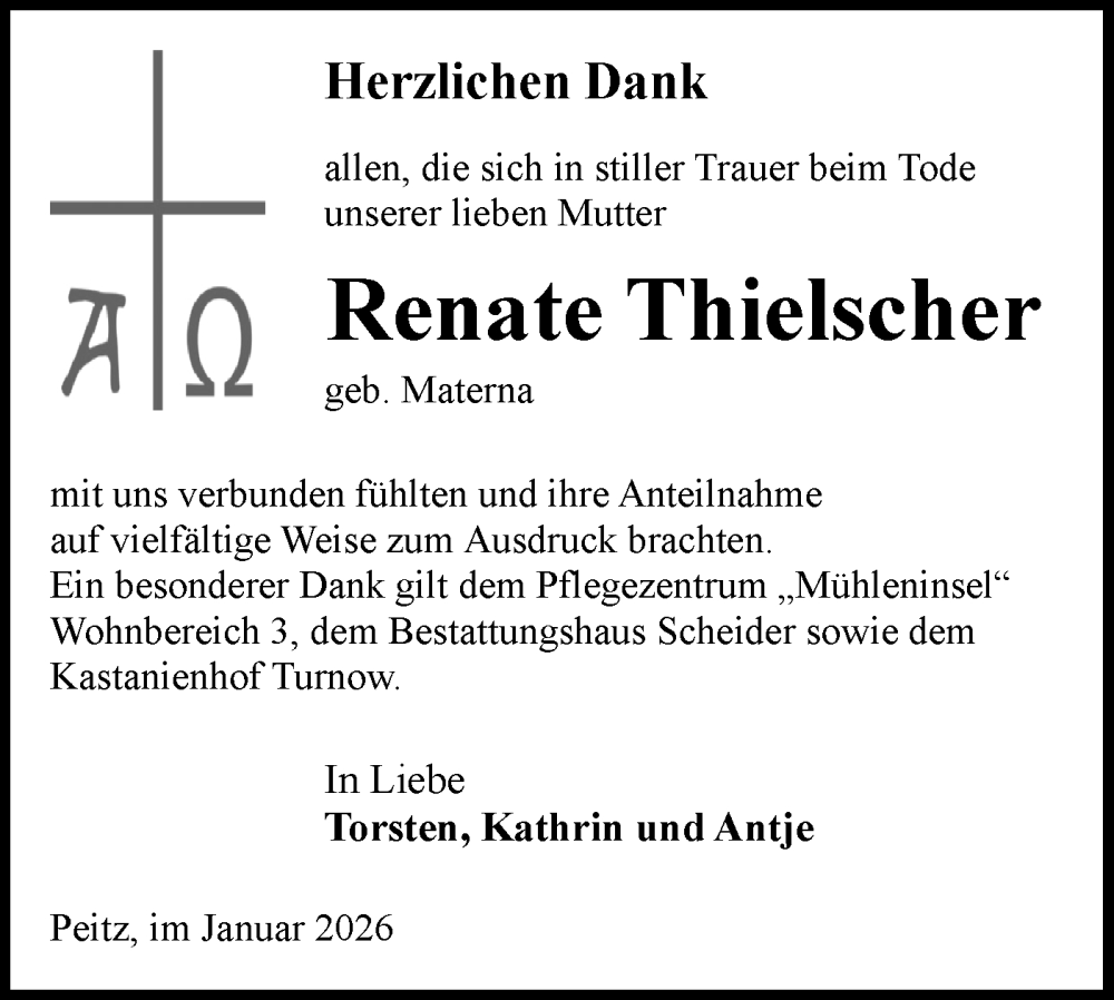  Traueranzeige für Renate Thielscher vom 31.01.2026 aus Lausitzer Rundschau
