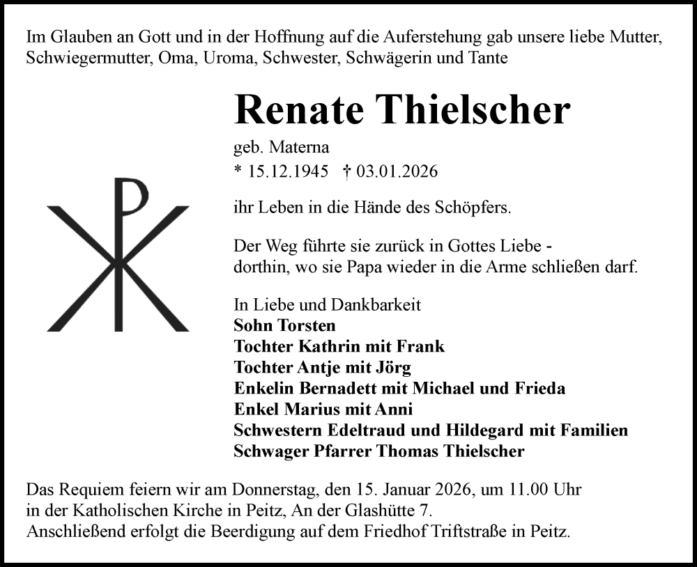  Traueranzeige für Renate Thielscher vom 10.01.2026 aus Lausitzer Rundschau