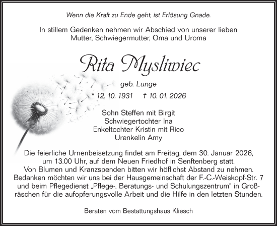 Traueranzeige von Rita Mysliwiec von Lausitzer Rundschau